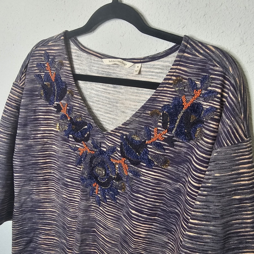 Soft Surroundings Womens Medium V-Neck Embroidered Beaded Space‎ Dye Stripe Top